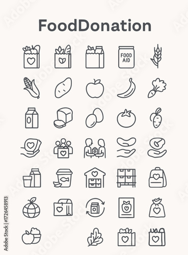 Modern line icons illustrating the concept of food donation, featuring agricultural products, essential groceries, charitable giving, and community support for well-being