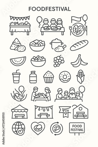 Collection of various food festival themed line art icons, showcasing different dishes, activities, and global culinary experiences in a simple outline style