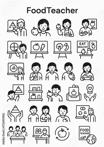 Icon set illustrating food education concepts, with a teacher explaining healthy eating, diet, and nutrition to school children