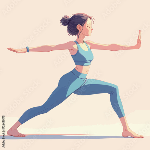 A young woman in yoga attire performs a warrior pose in a calm environment filled with soft light. She focuses on her breath and balance, embodying tranquility.