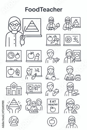 Collection of FoodTeacher icons representing healthy eating, nutrition education, and culinary arts, perfect for websites and apps focused on diet and wellness