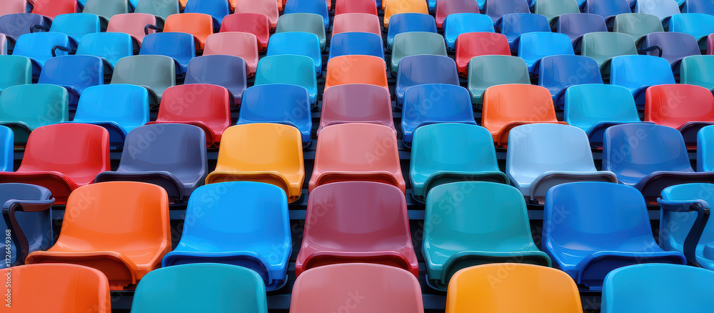 Fototapeta premium Colorful plastic stadium seat rows create vibrant pattern with bright colors