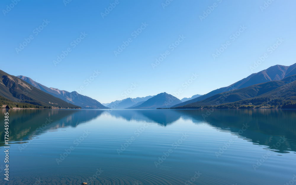 Naklejka premium Tranquil lake reflecting mountain range under clear blue sky calm mood
