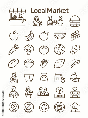 Collection of minimalist outline vector icons representing local markets, organic produce, sustainable shopping, community food systems, and small business retail