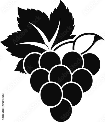 Stylized black silhouette of a grape cluster with leaves