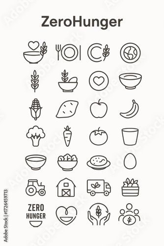 Zero Hunger Icon Set Food Security, Sustainability, and Global Goals