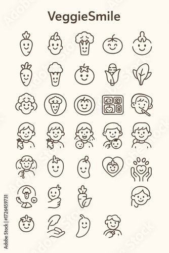 Set of charming outline icons featuring cheerful kids and anthropomorphic vegetables, promoting a healthy diet and nutrition for children
