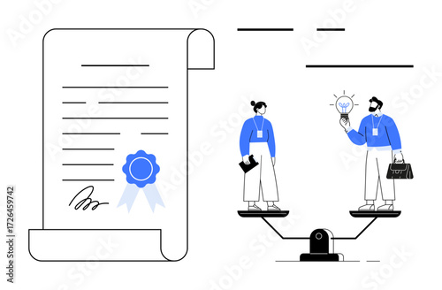 Balanced scales show male and female professionals sharing ideas next to certified document. Ideal for equality, diversity, workplace balance, teamwork, certification, fair opportunity, simple flat