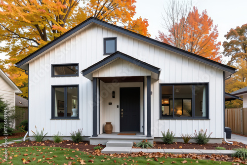 Modern house facade autumn smart adu design with calm mood and warm light