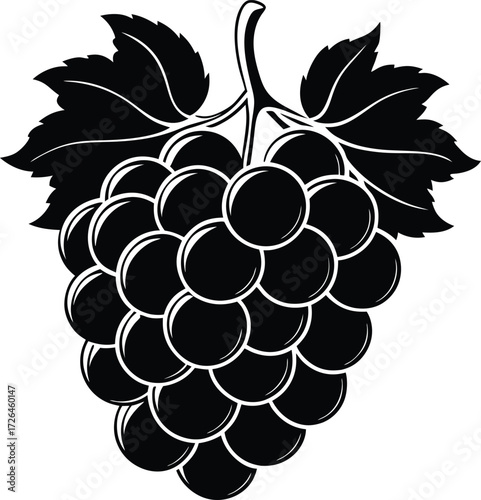 Stylized black silhouette of a ripe bunch of grapes with leaves