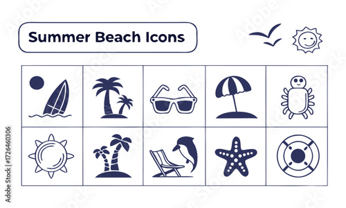 Beach Line Icon Set Minimal Vector illustration Outline Collection, with summer doodles like waves, palm trees, shells, crabs, sunglasses, and surfboards, t-shirt prints, easily editable.