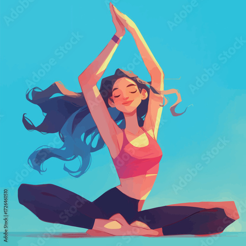A young woman is seated in a yoga pose with her hands raised in a serene manner. She enjoys a calm moment under a vibrant blue sky while practicing mindfulness.