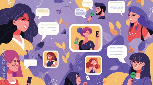 A group of diverse individuals engage in lively conversations, sharing ideas and emotions in a vibrant setting filled with plants and speech bubbles.