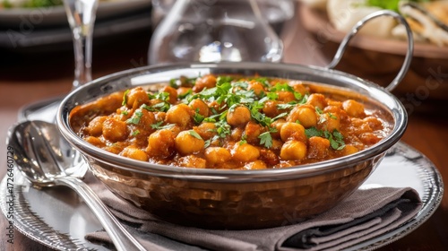 indian chana masala close up, spiced chickpea curry, garnished with cilantro, served in elegant bowl, fine dining restaurant style