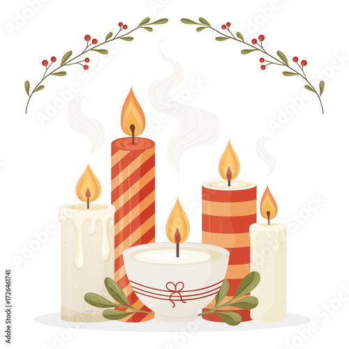 Festive burning candles with holiday decorations and greenery