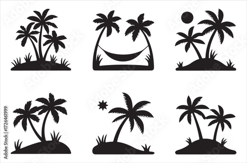 coconat tree silhouette vector set, tropical tree icon design, beach palm clipart, summer tree illustration, coconut tree collection, black palm drawing bundle on white background.
