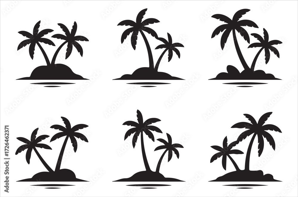 Fototapeta premium coconat tree silhouette vector set, tropical tree icon design, beach palm clipart, summer tree illustration, coconut tree collection, black palm drawing bundle on white background.