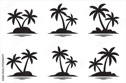 coconat tree silhouette vector set, tropical tree icon design, beach palm clipart, summer tree illustration, coconut tree collection, black palm drawing bundle on white background.