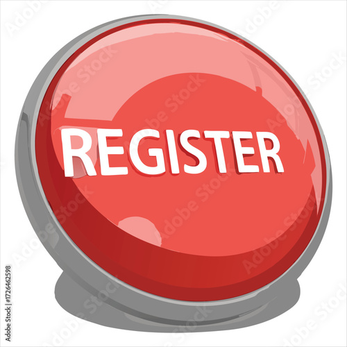 Glossy red register button with white text isolated on white background