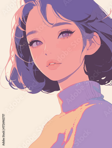 A young woman gazes at the viewer with a serene expression. Her hair frames her face, complementing her fashionable outfit with soft colors.
