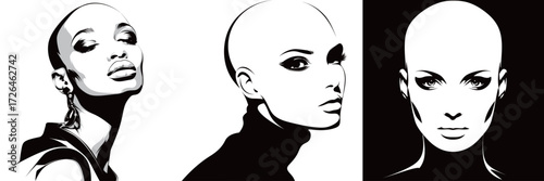 Three bold illustrations showcase bald women with distinct facial features and expressions. Each figure highlights individual beauty and artistic style in black and white.