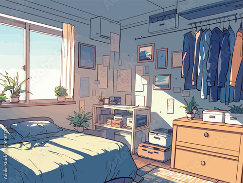 Bright and inviting bedroom features a neatly made bed, plants, and a workspace with shelves. Clothes hang neatly, and sunlight fills the room through the window.