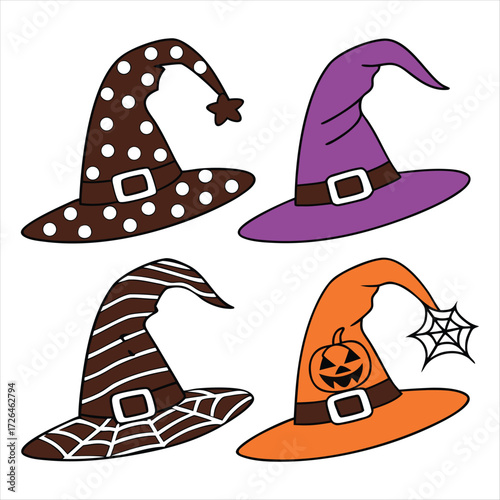 Four colorful halloween witch hats with spooky decorations