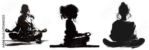 Three silhouettes of individuals meditating in various poses, showcasing a serene atmosphere. Each figure represents calmness and mindfulness in a tranquil setting.