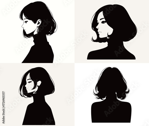 Four distinct silhouettes of a woman with varying hairstyles are presented against a simple background. The focus is on their graceful outlines and contours.