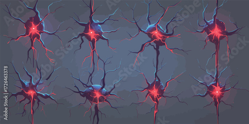 Brightly colored neurons display intricate designs, illustrating their connections and electrical impulses in a captivating digital artwork. The scene highlights brain activity.