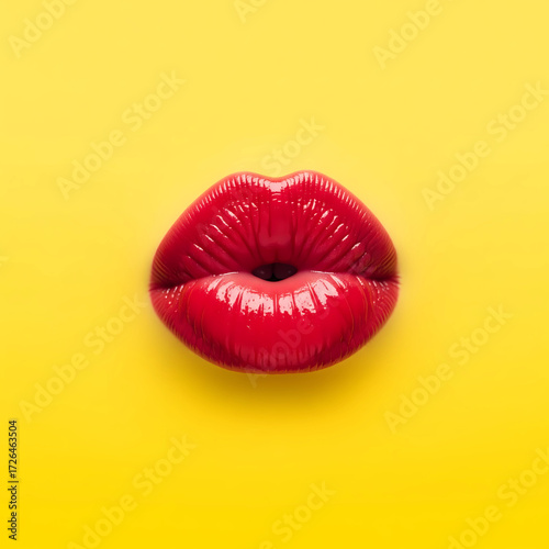 Glossy red lips pucker on a vibrant yellow background creating a bold and sensual statement