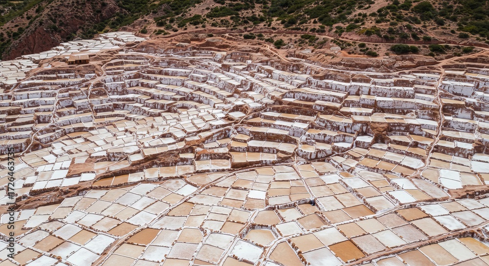 Fototapeta premium Ancient salt pans create stunning geometric patterns in Peru's Sacred Valley landscape