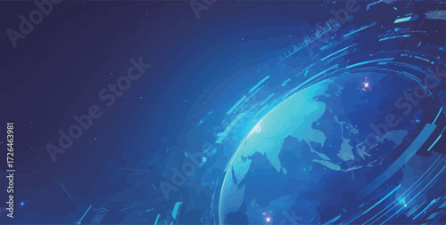 A glowing digital globe illustrates technology and data connections across the planet. The blue hues enhance the modern and futuristic feel of the design.