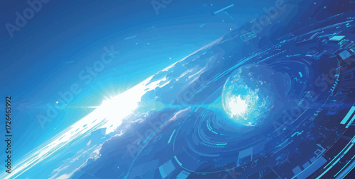 Blue light radiates from the horizon as Earth is seen from space. Digital elements surround the planet, creating a futuristic atmosphere.