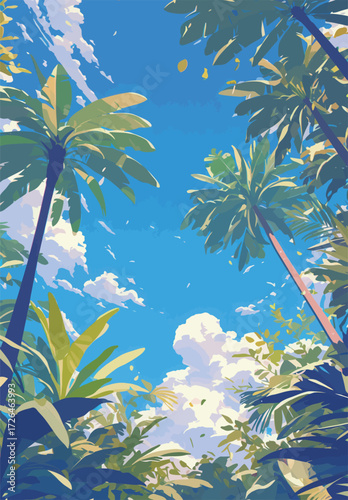 Bright blue sky with fluffy clouds is visible above tall palm trees and vibrant green foliage in a tropical landscape. The scene captures the essence of a sunny day.
