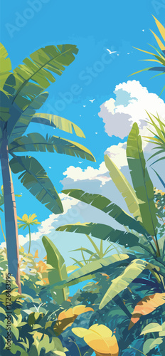 Lush green palm trees and tropical plants fill the scene under a clear blue sky with fluffy white clouds. Sunlight illuminates the vibrant foliage.