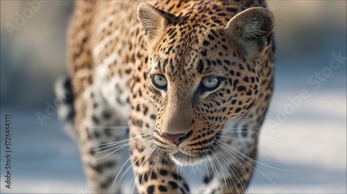 leopard walking close up, powerful body, savannah background, natural daylight, realistic wildlife style