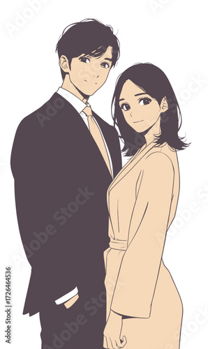A well-dressed couple stands side by side, exuding charm and elegance in their formal attire. The backdrop is simple, highlighting their stylish outfits.