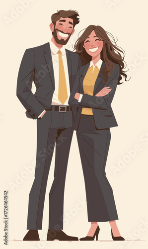 A professional couple stands side by side, both wearing business outfits.