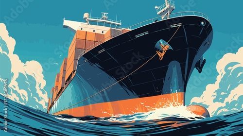 A cargo ship loaded with containers navigates the deep blue sea under a clear sky. Waves crash against the hull while seagulls glide above.
