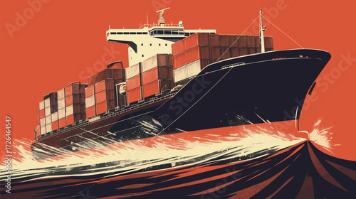 A large container ship sails through striking waves, surrounded by an orange sky at sunset, showcasing its cargo and maritime strength on the open sea.