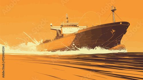 A cargo ship moves quickly through ocean waters painted with bright orange hues during sunset. Waves crash against the vessel, creating a dramatic scene filled with energy.