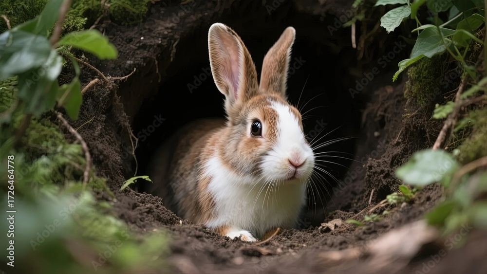 Fototapeta premium A brown and white rabbit peeking out from a burrow in a forested area