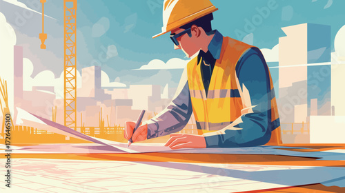 A construction worker in a yellow hard hat and reflective vest is drafting plans at a construction site. The sun sets behind city buildings, creating a vibrant sky.