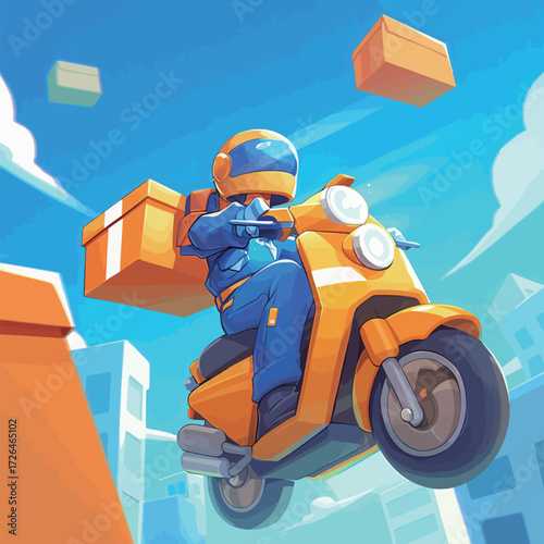 A delivery rider in a bright outfit maneuvers on a yellow scooter, soaring over a vibrant city scape with floating boxes. The scene captures a sense of excitement and action.