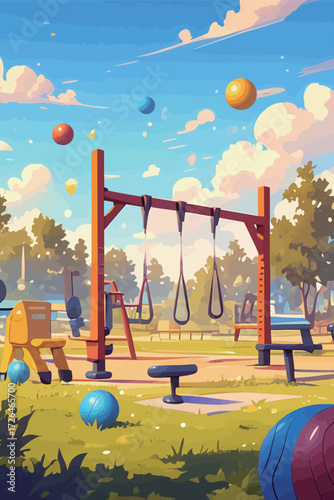 A vibrant outdoor fitness space showcases workout equipment among playful gym balls. Lush green grass surrounds the scene under a bright blue sky filled with clouds.