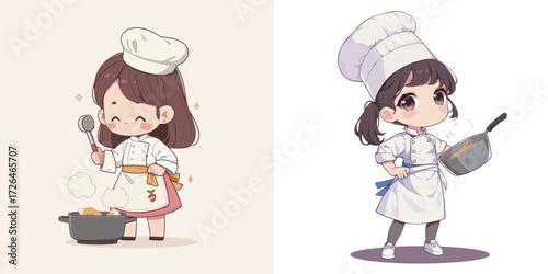 Two cute young chefs are busy in a kitchen environment, happily preparing delicious meals while wearing chef hats and smiles. The scene shows their passion for cooking.