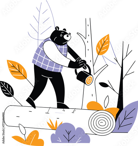 Cartoon bear in plaid vest cutting a tree with a chainsaw in a forest setting