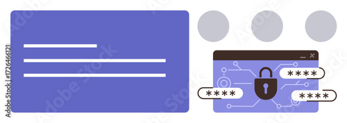 Lock icon on electronic circuit board with password fields, representing data security, encryption, cybersecurity, personal privacy, secure access, login credentials, and digital safety in simple