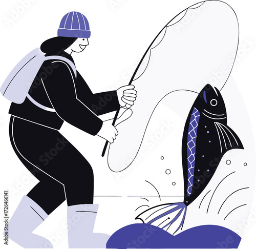 Fisherman catching a jumping fish with a fishing rod and net